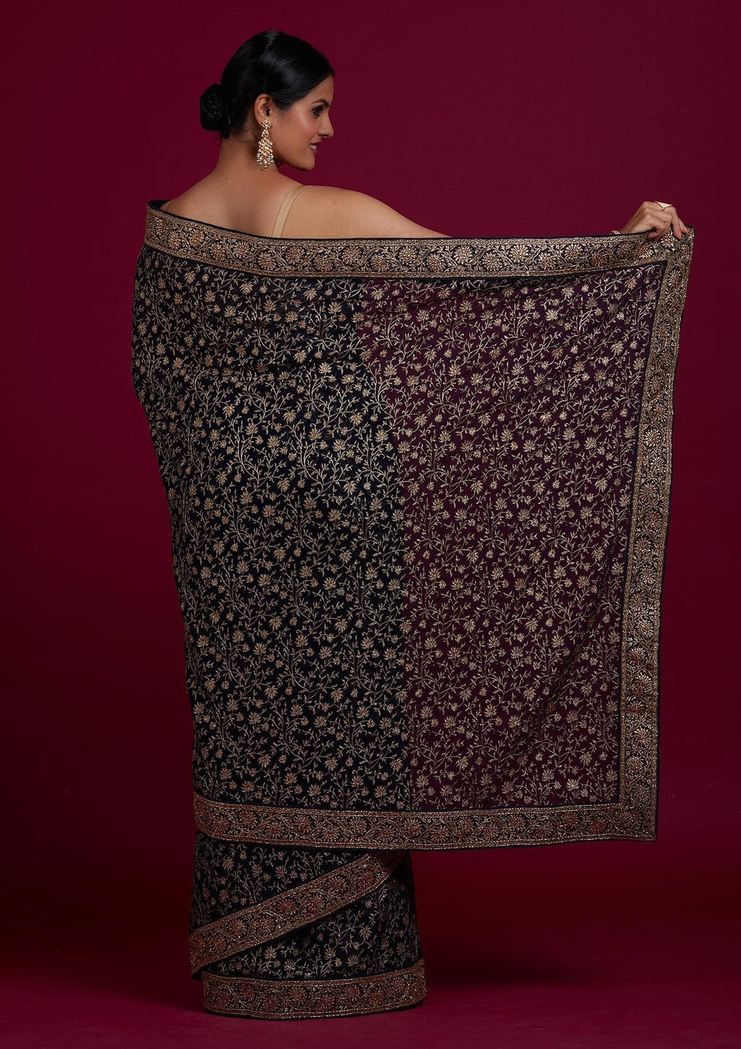 Navy Blue Zariwork Georgette Designer Saree - Koskii