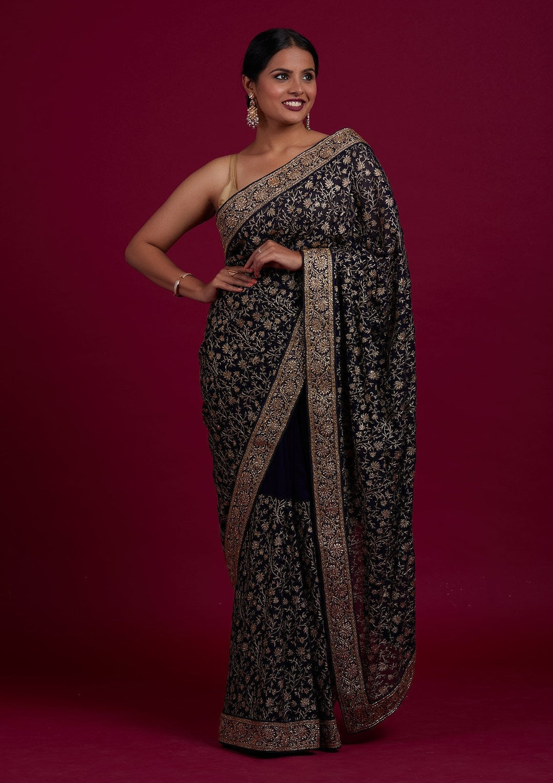 Navy Blue Zariwork Georgette Designer Saree - Koskii