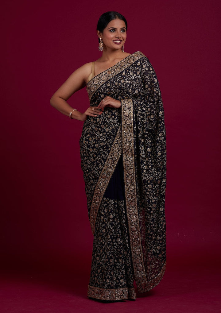 Navy Blue Zariwork Georgette Designer Saree - Koskii
