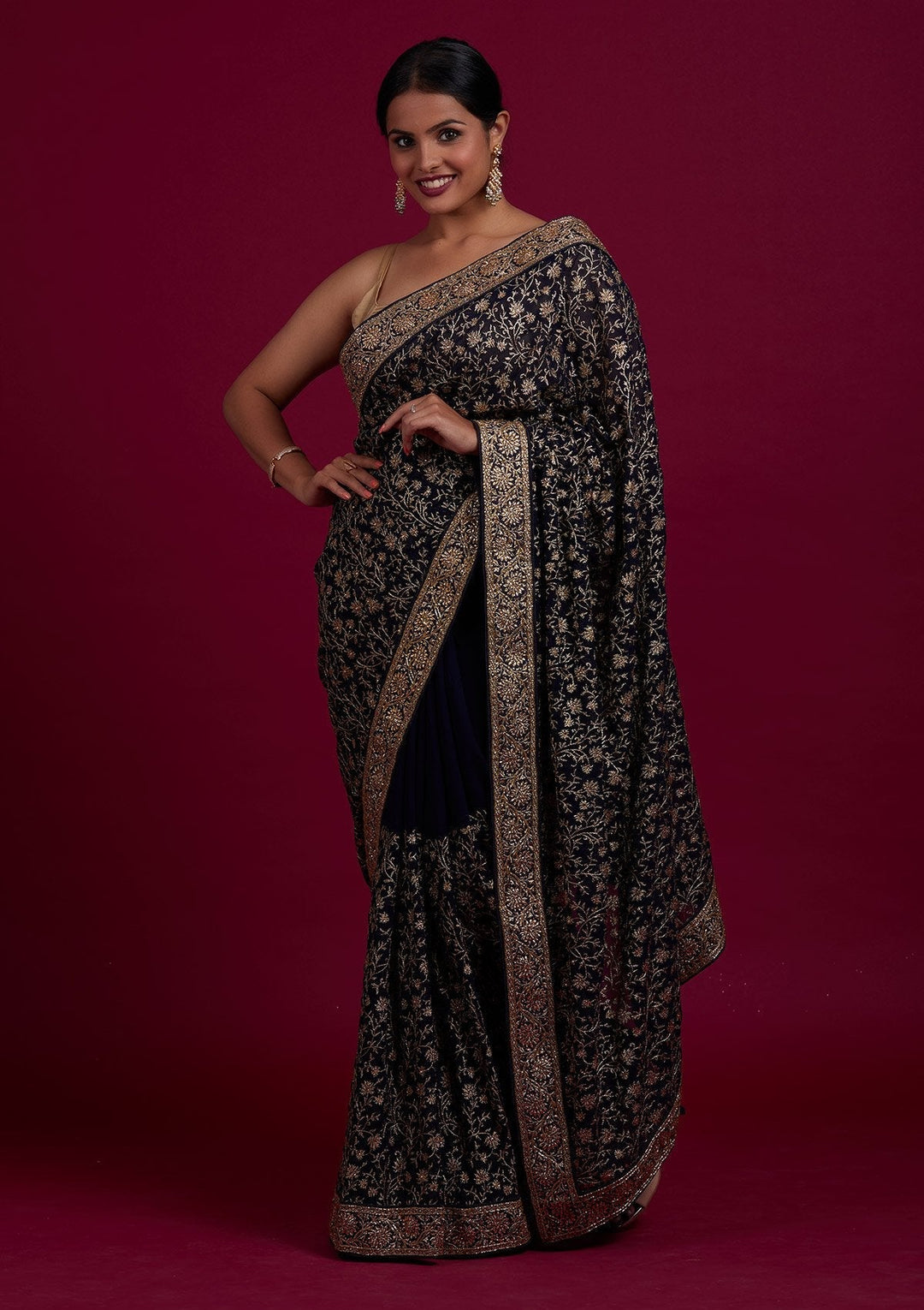 Navy Blue Zariwork Georgette Designer Saree - Koskii