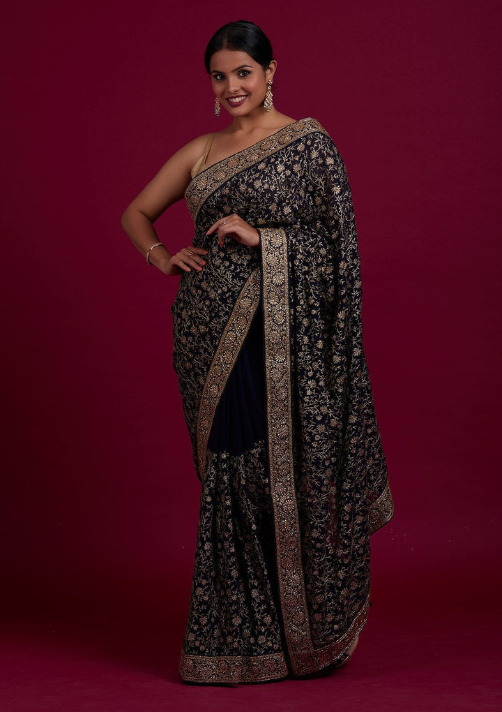 Navy Blue Zariwork Georgette Designer Saree - Koskii