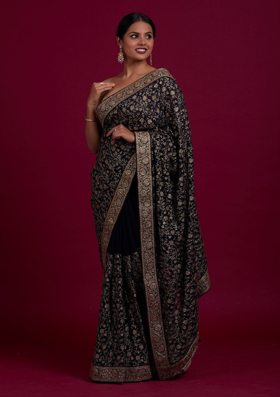 Navy Blue Zariwork Georgette Designer Saree - Koskii
