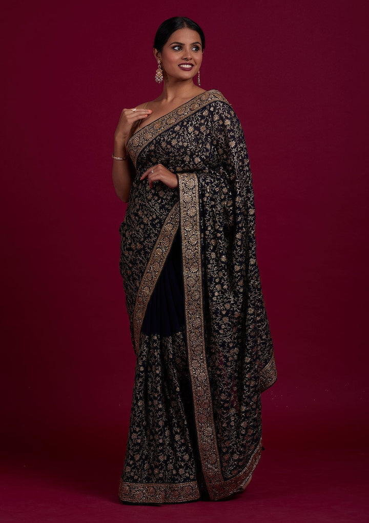 Navy Blue Zariwork Georgette Designer Saree - Koskii