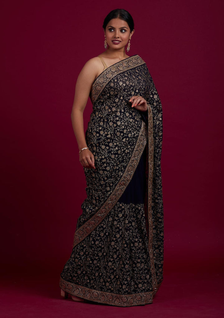 Navy Blue Zariwork Georgette Designer Saree - Koskii