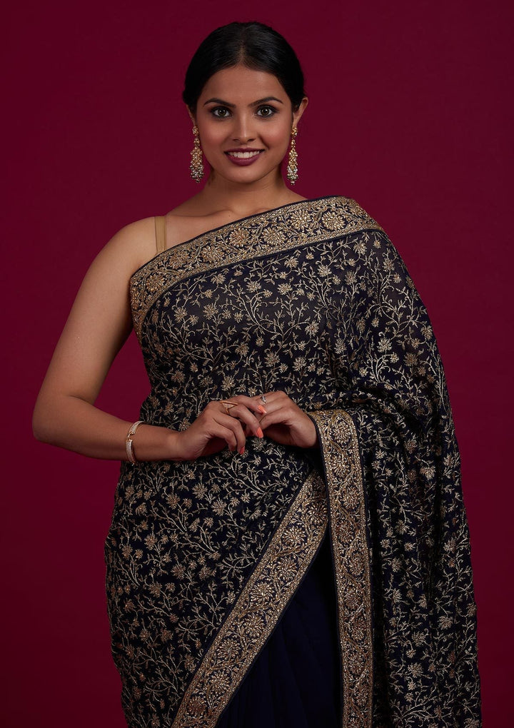 Navy Blue Zariwork Georgette Designer Saree - Koskii
