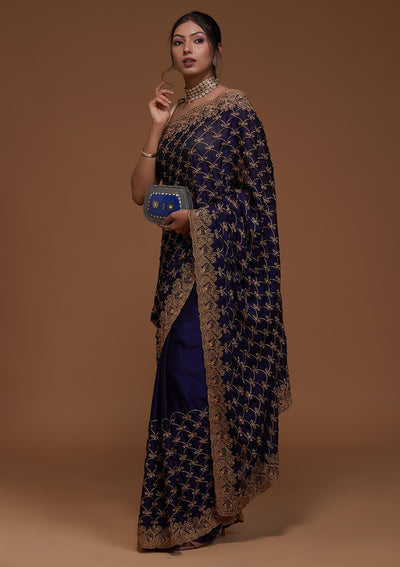 Navy Blue Zariwork Georgette Saree-Koskii