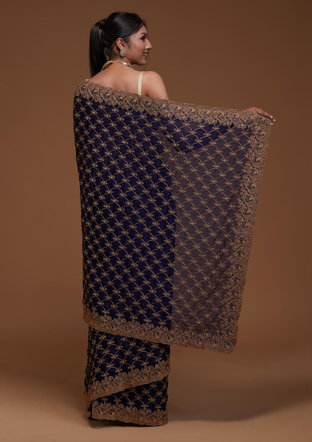 Navy Blue Zariwork Georgette Saree-Koskii