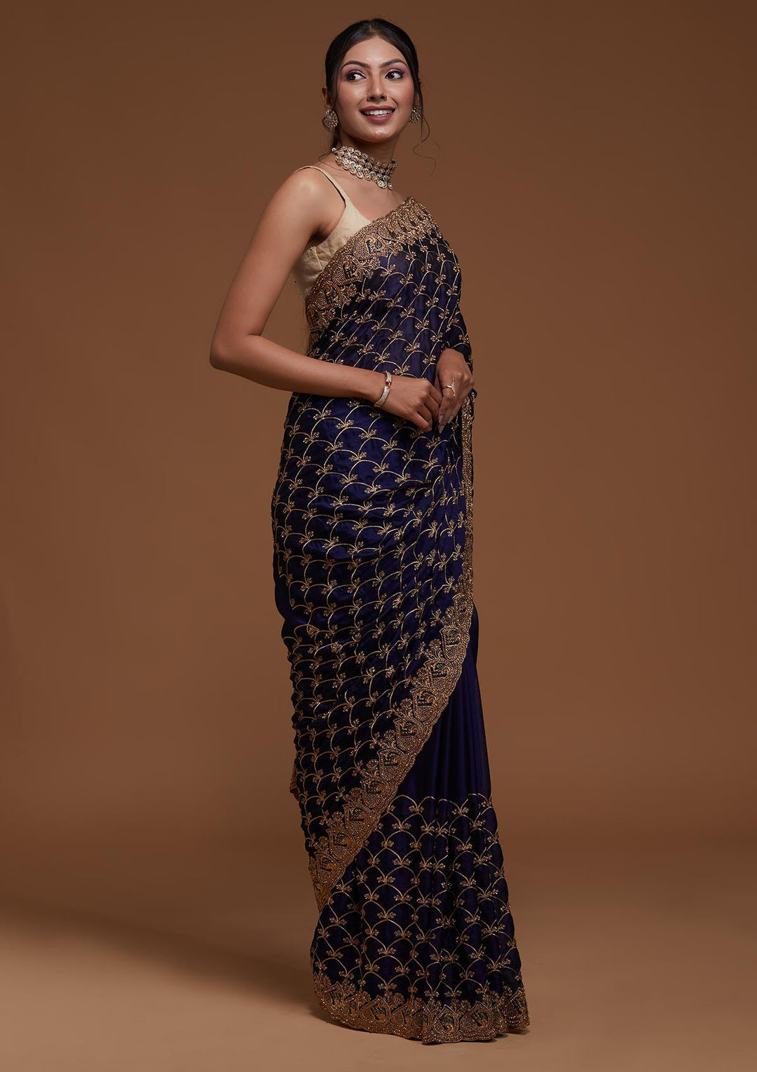 Navy Blue Zariwork Georgette Saree-Koskii