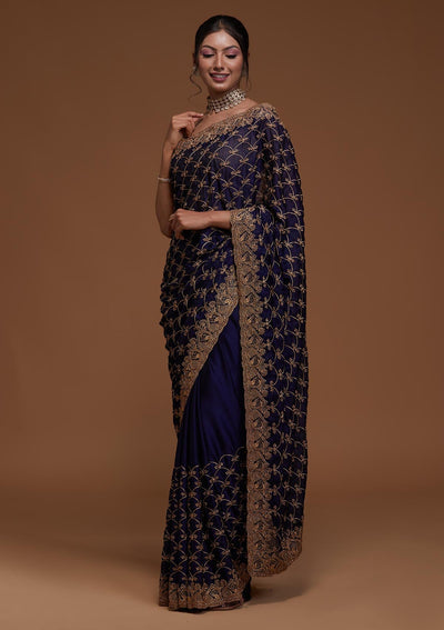 Navy Blue Zariwork Georgette Saree-Koskii