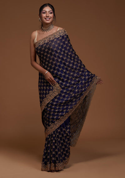 Navy Blue Zariwork Georgette Saree-Koskii