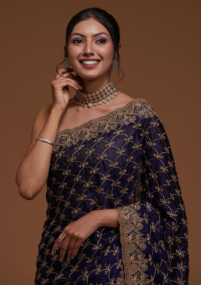 Navy Blue Zariwork Georgette Saree-Koskii