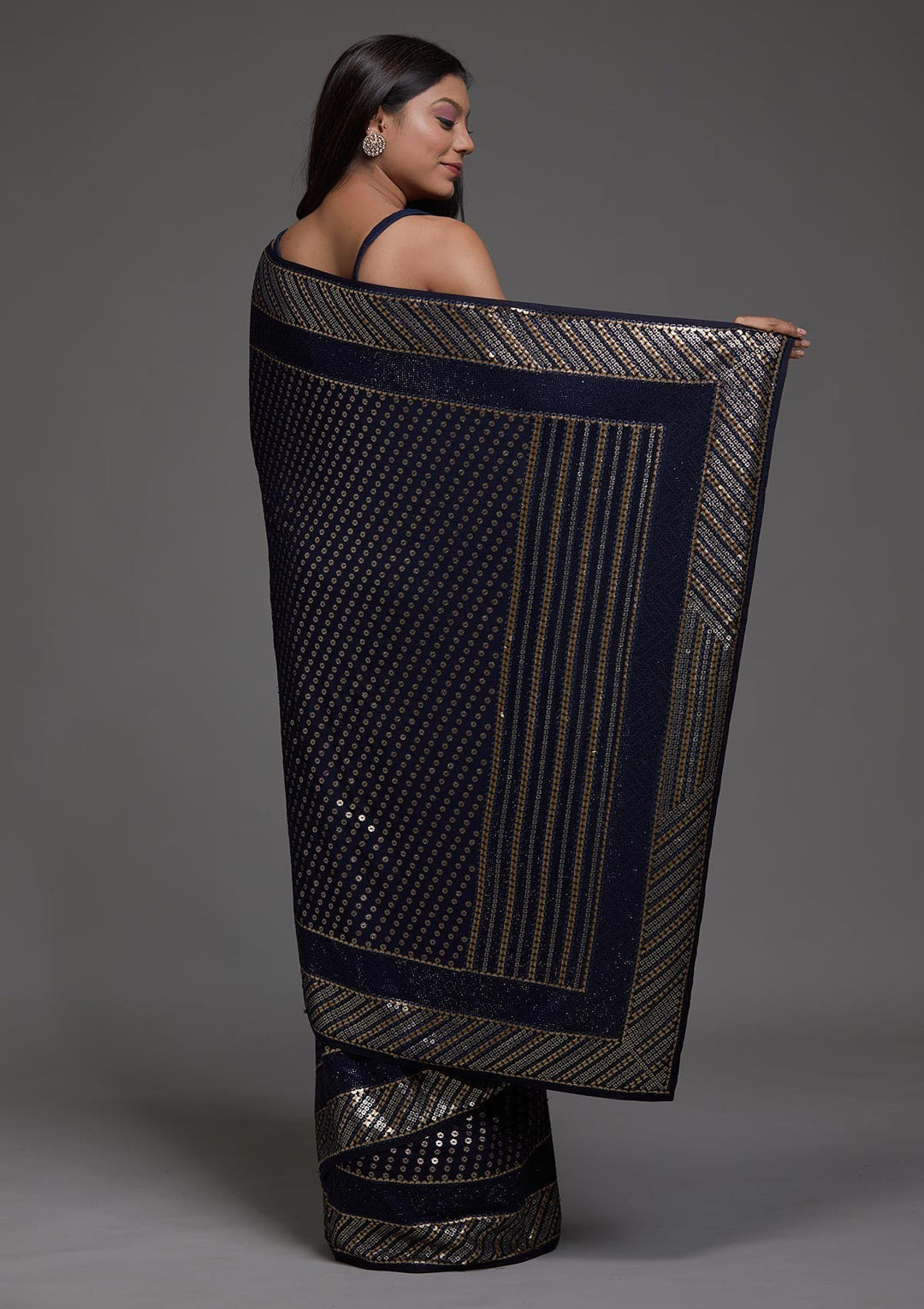 Navy Blue Zariwork Georgette Saree-Koskii