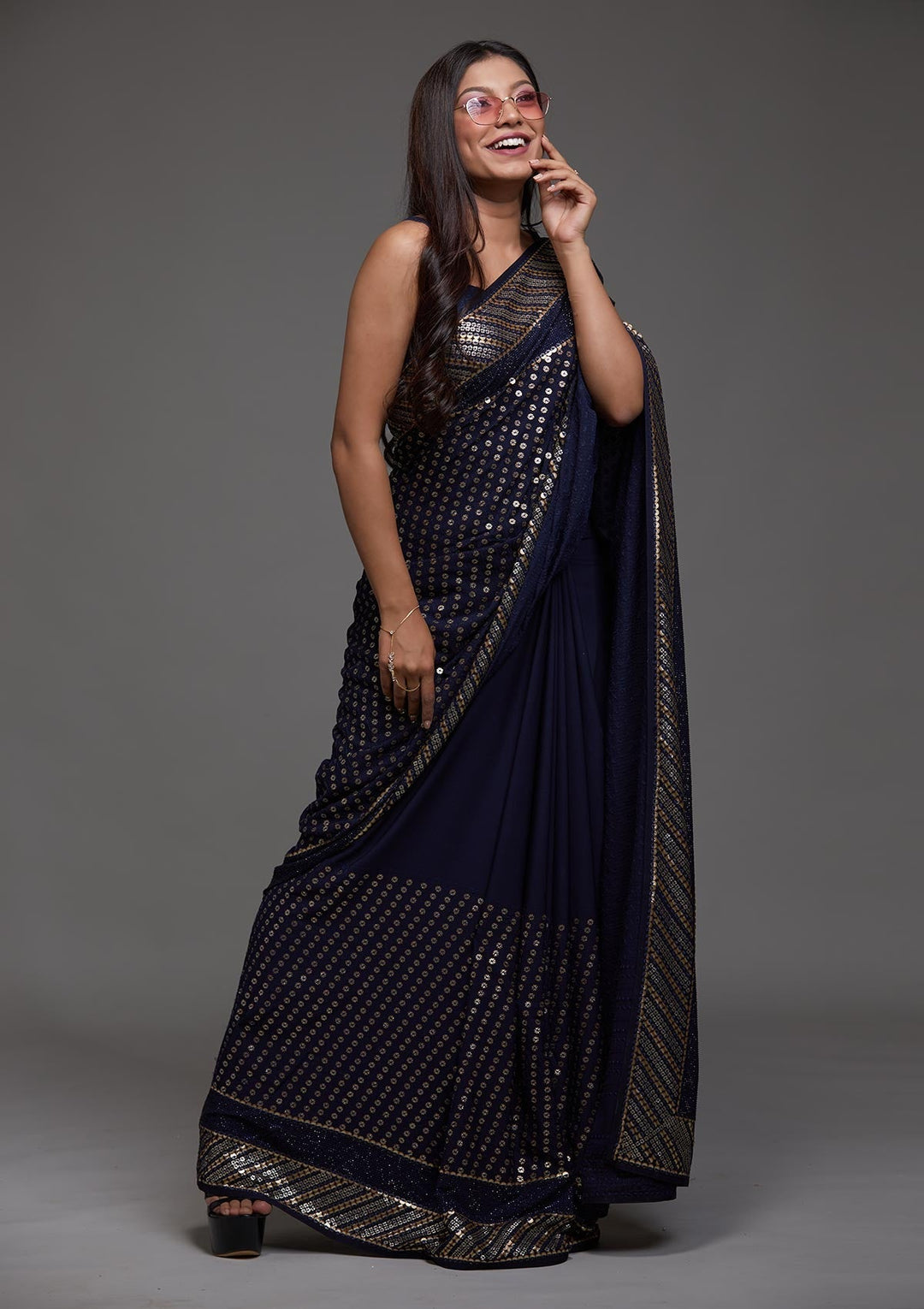 Navy Blue Zariwork Georgette Saree-Koskii