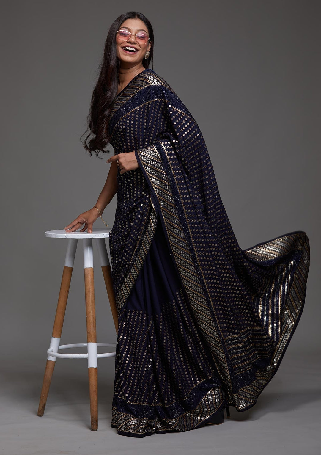 Navy Blue Zariwork Georgette Saree-Koskii