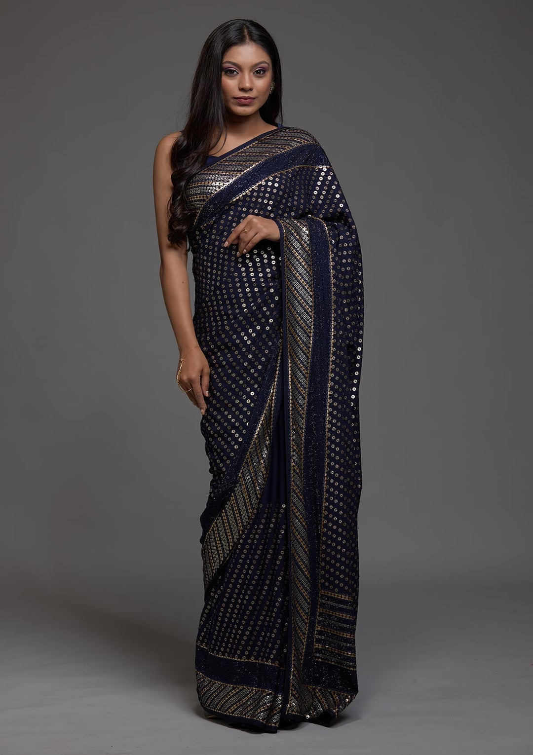 Navy Blue Zariwork Georgette Saree-Koskii