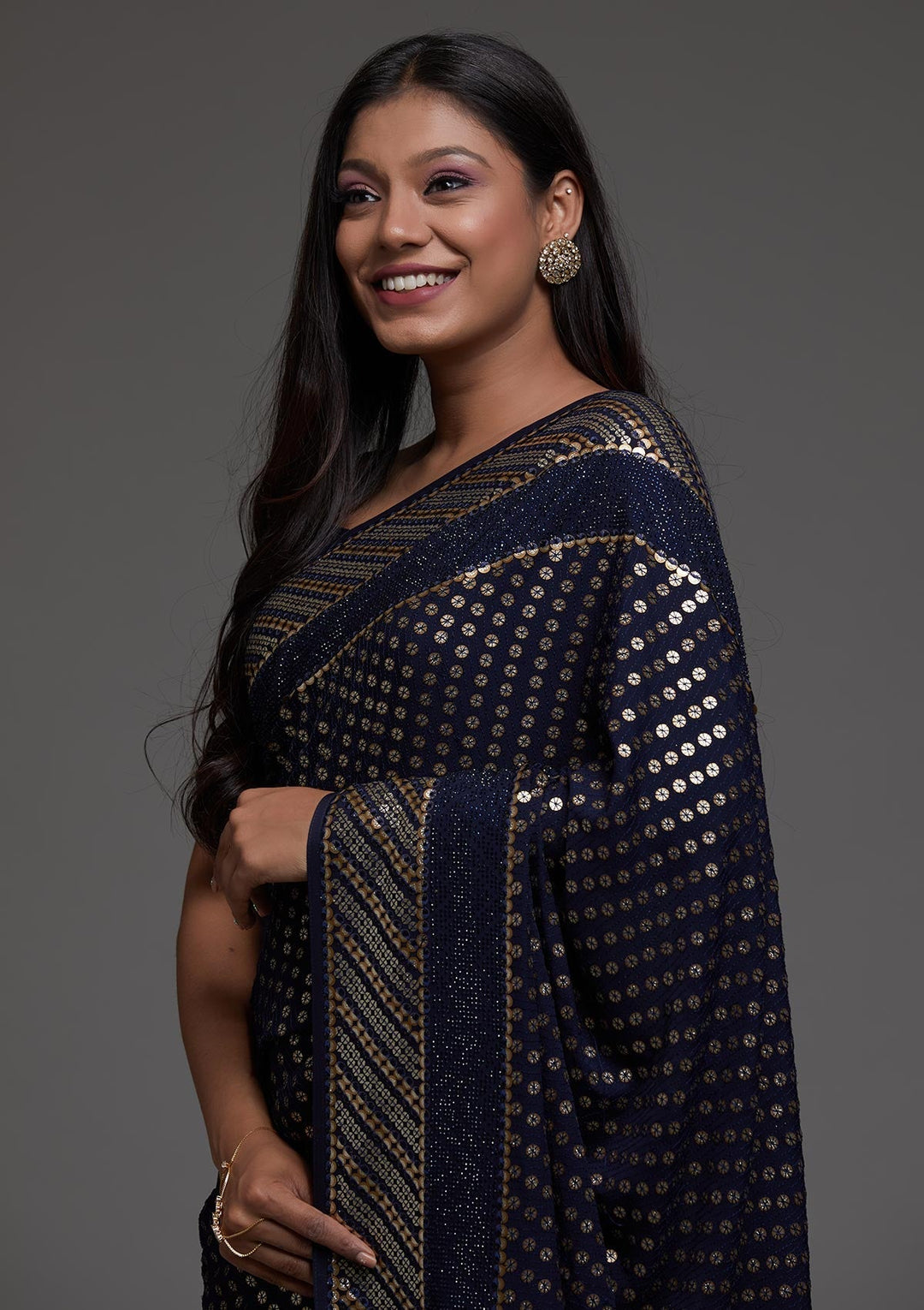 Navy Blue Zariwork Georgette Saree-Koskii