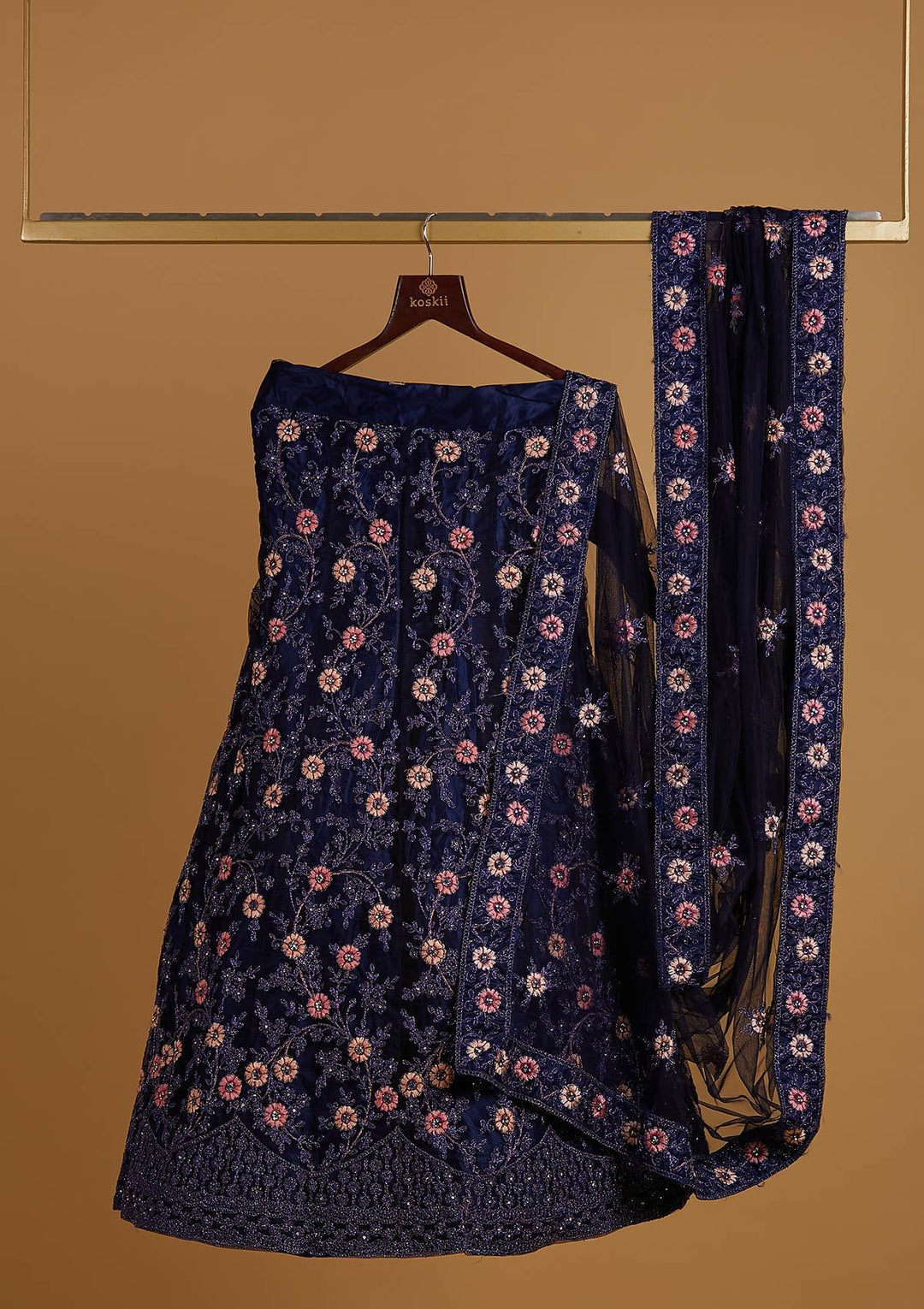 Navy Blue Zariwork Net Designer Semi-Stitched Lehenga - koskii