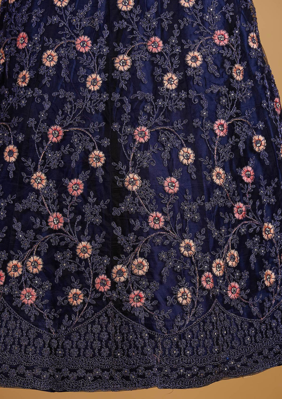 Navy Blue Zariwork Net Designer Semi-Stitched Lehenga - koskii