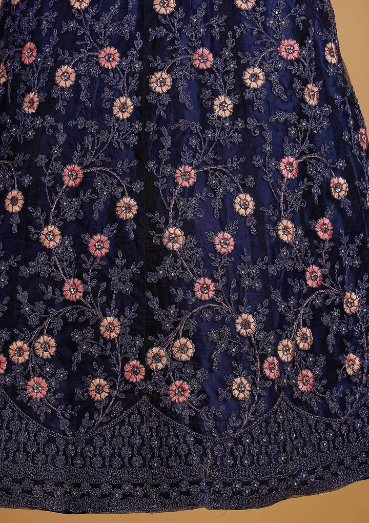 Navy Blue Zariwork Net Designer Semi-Stitched Lehenga - koskii