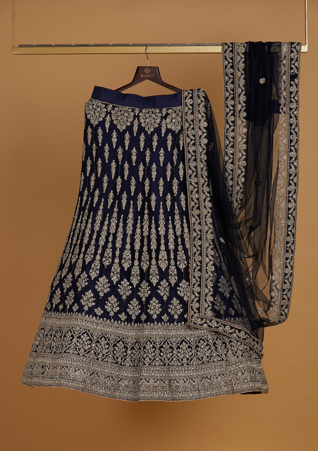 Navy Blue Zariwork Net Designer Semi-Stitched Lehenga - Koskii