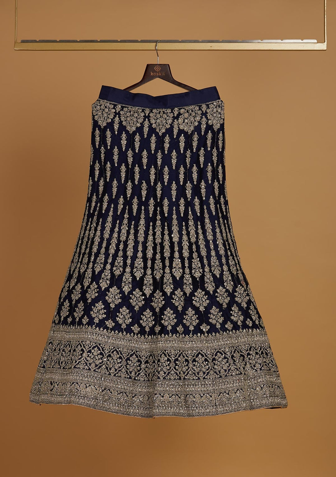 Navy Blue Zariwork Net Designer Semi-Stitched Lehenga - Koskii