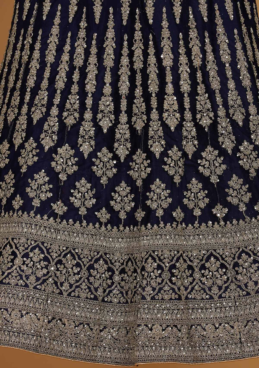 Navy Blue Zariwork Net Designer Semi-Stitched Lehenga - Koskii