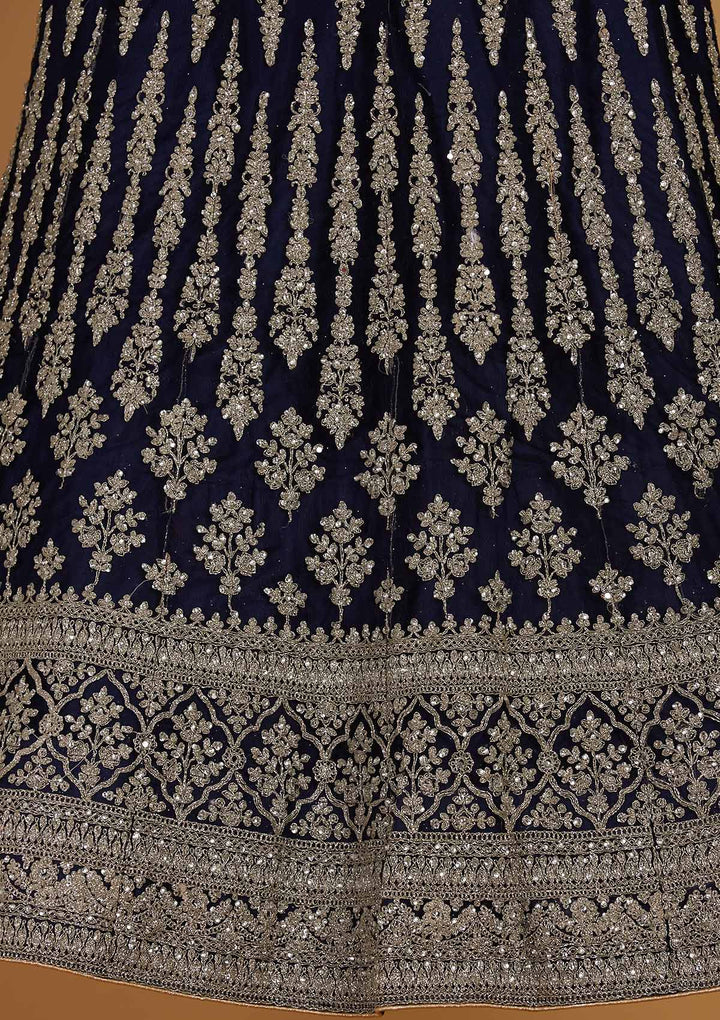 Navy Blue Zariwork Net Designer Semi-Stitched Lehenga - Koskii