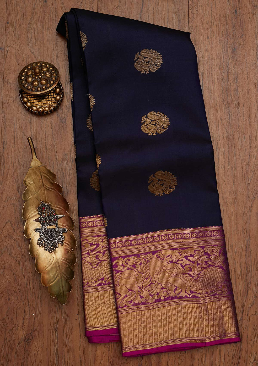 Navy Blue Zariwork Pure Silk Designer Saree - koskii