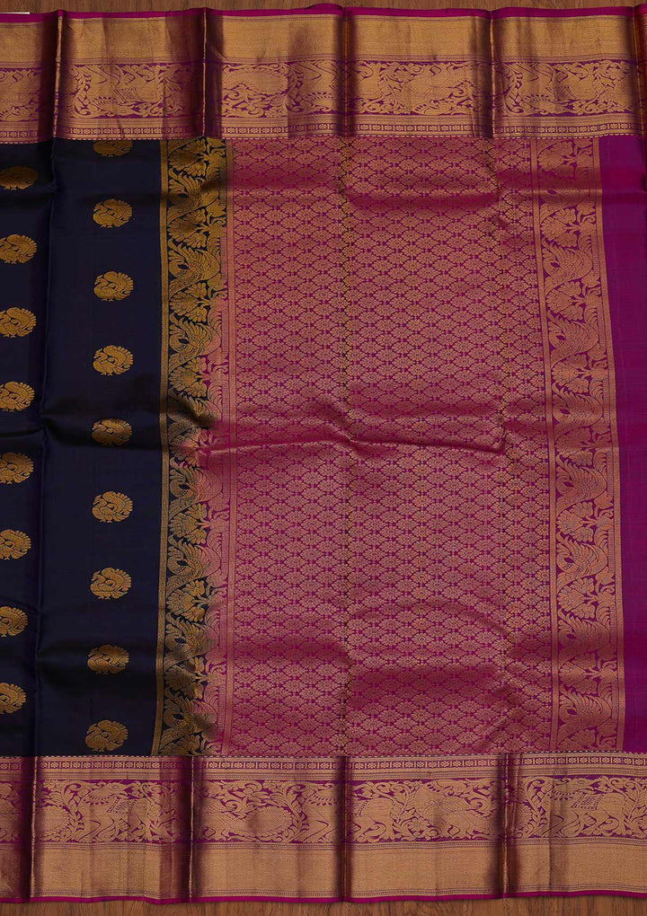 Navy Blue Zariwork Pure Silk Designer Saree - koskii
