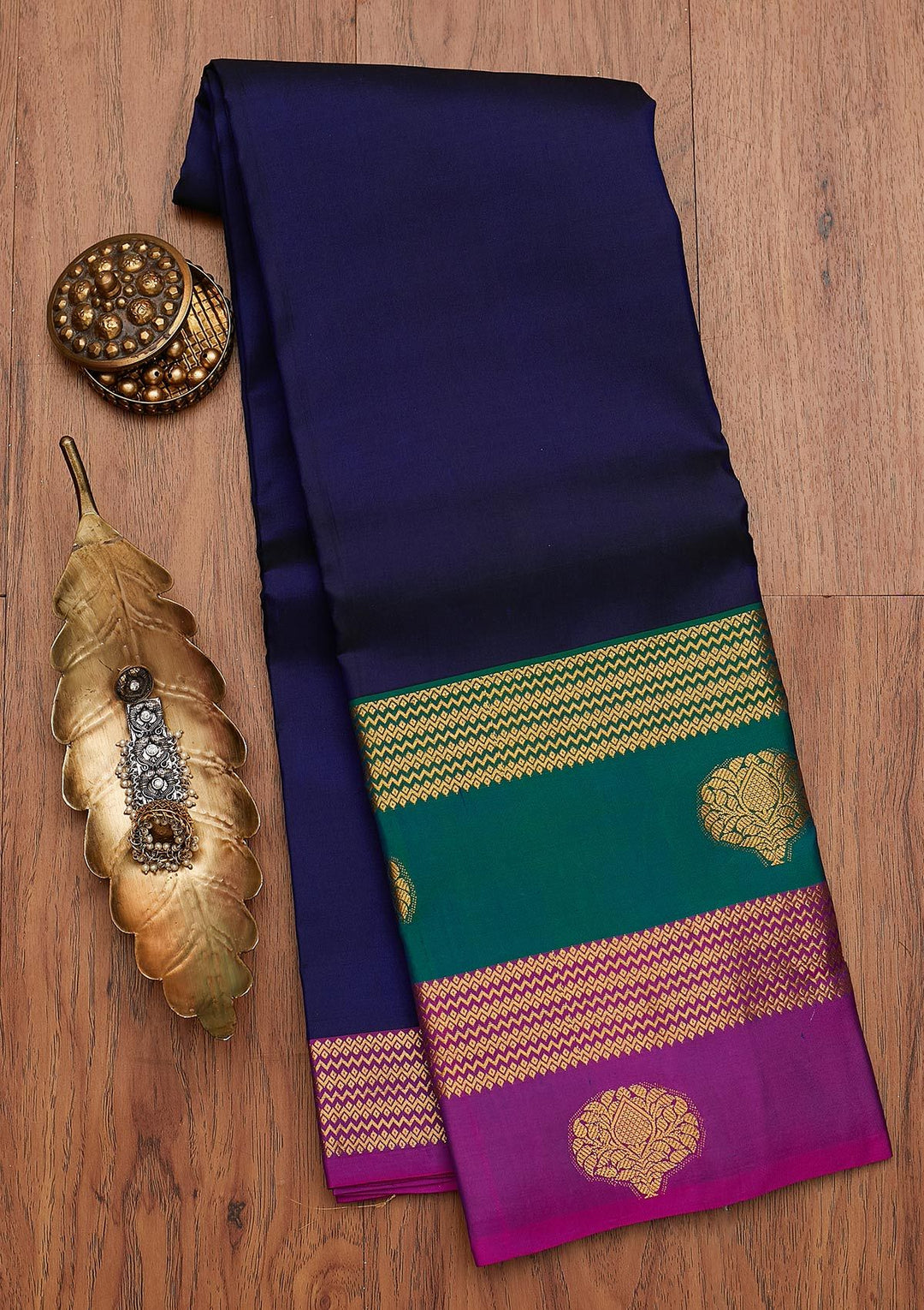 Navy Blue Zariwork Pure Silk Designer Saree - koskii