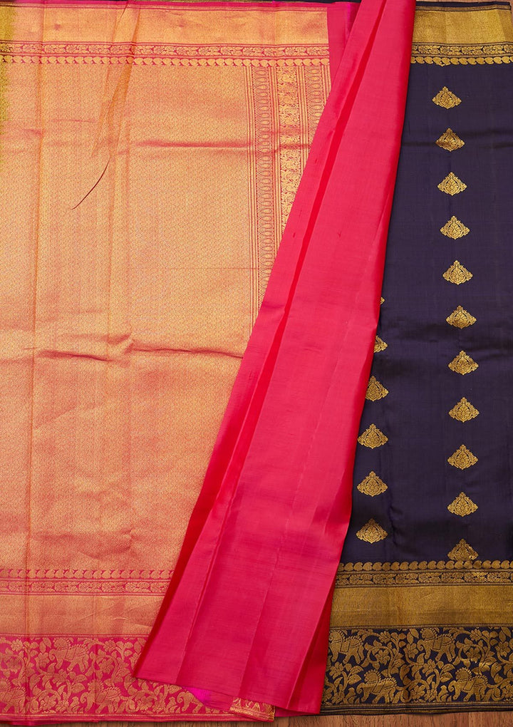 Navy Blue Zariwork Pure Silk Designer Saree - koskii