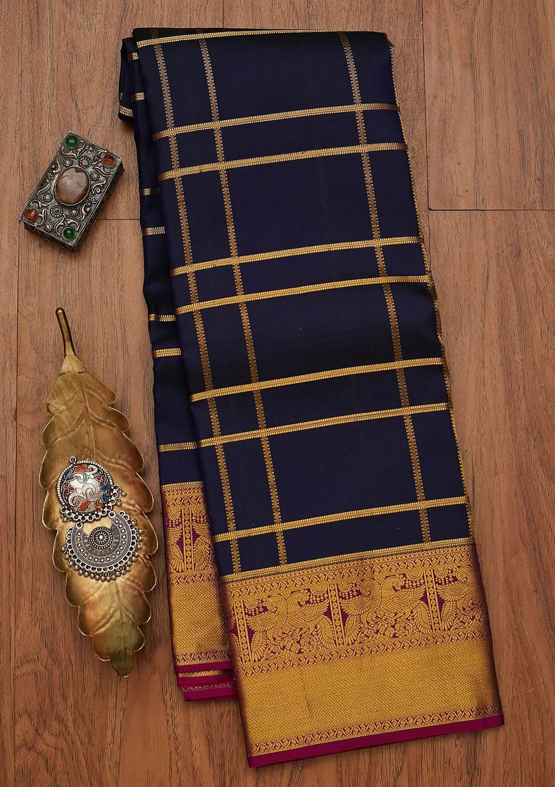 Navy Blue Zariwork Pure Silk Designer Saree - koskii