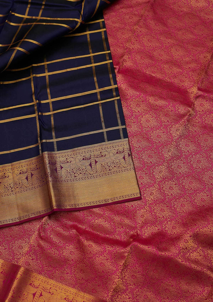 Navy Blue Zariwork Pure Silk Designer Saree - koskii