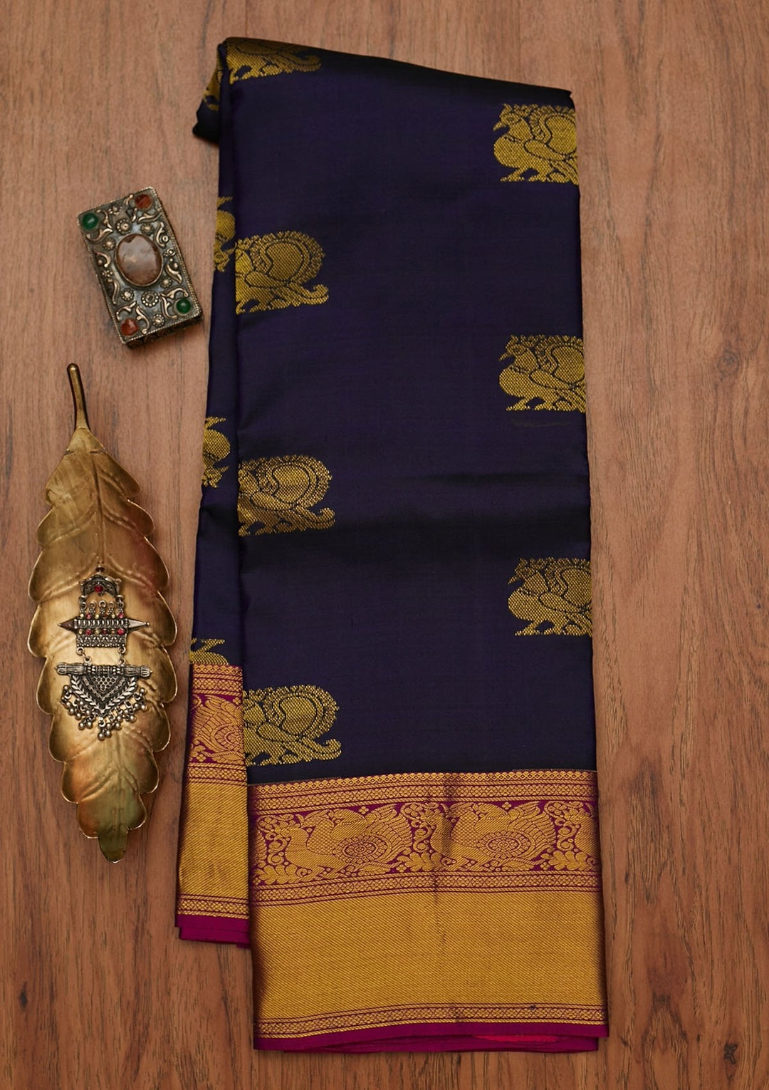 Navy Blue Zariwork Pure Silk Designer Saree - koskii