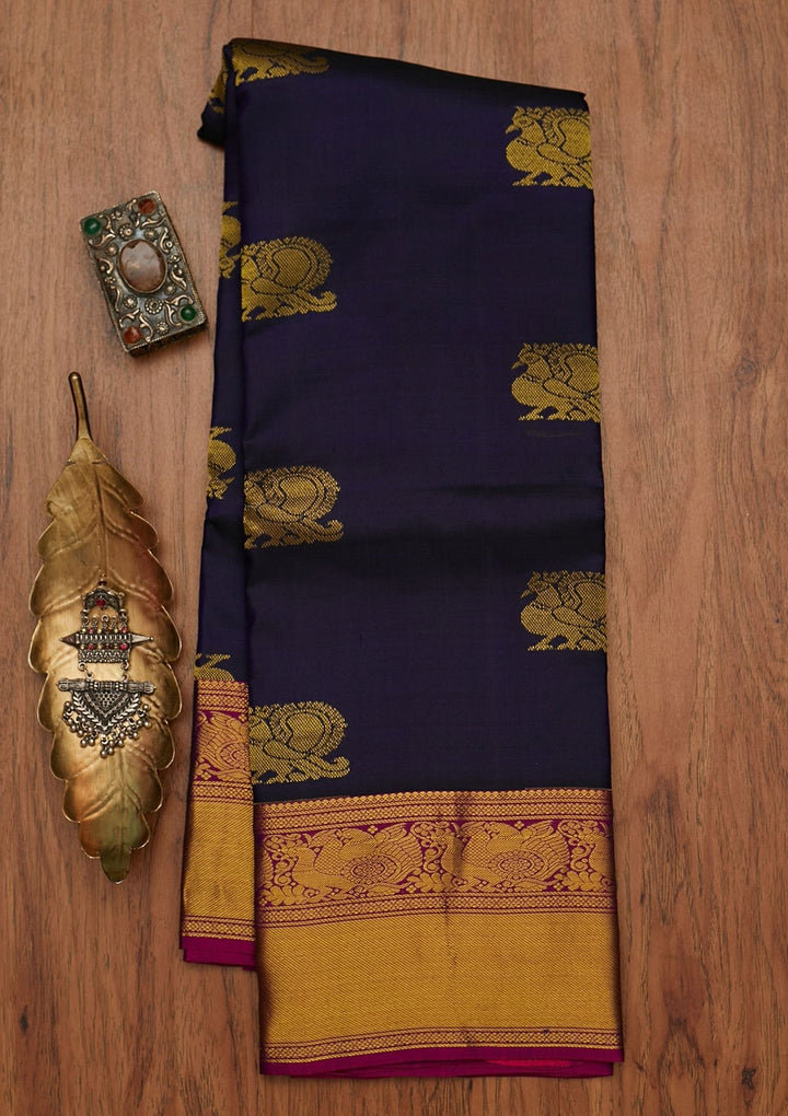 Navy Blue Zariwork Pure Silk Designer Saree - koskii