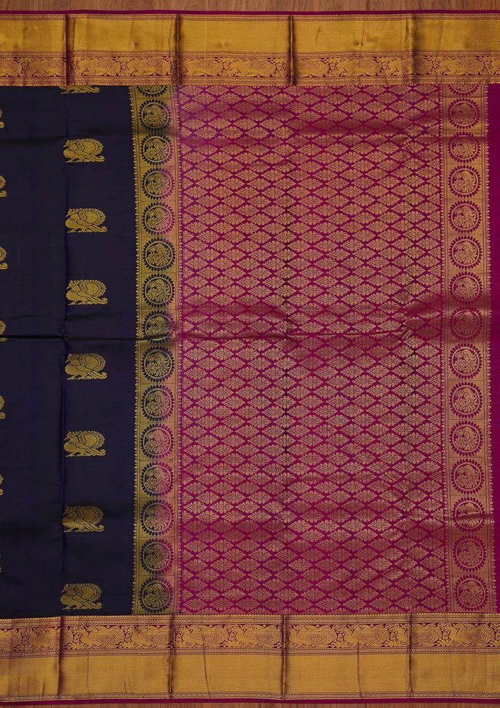 Navy Blue Zariwork Pure Silk Designer Saree - koskii