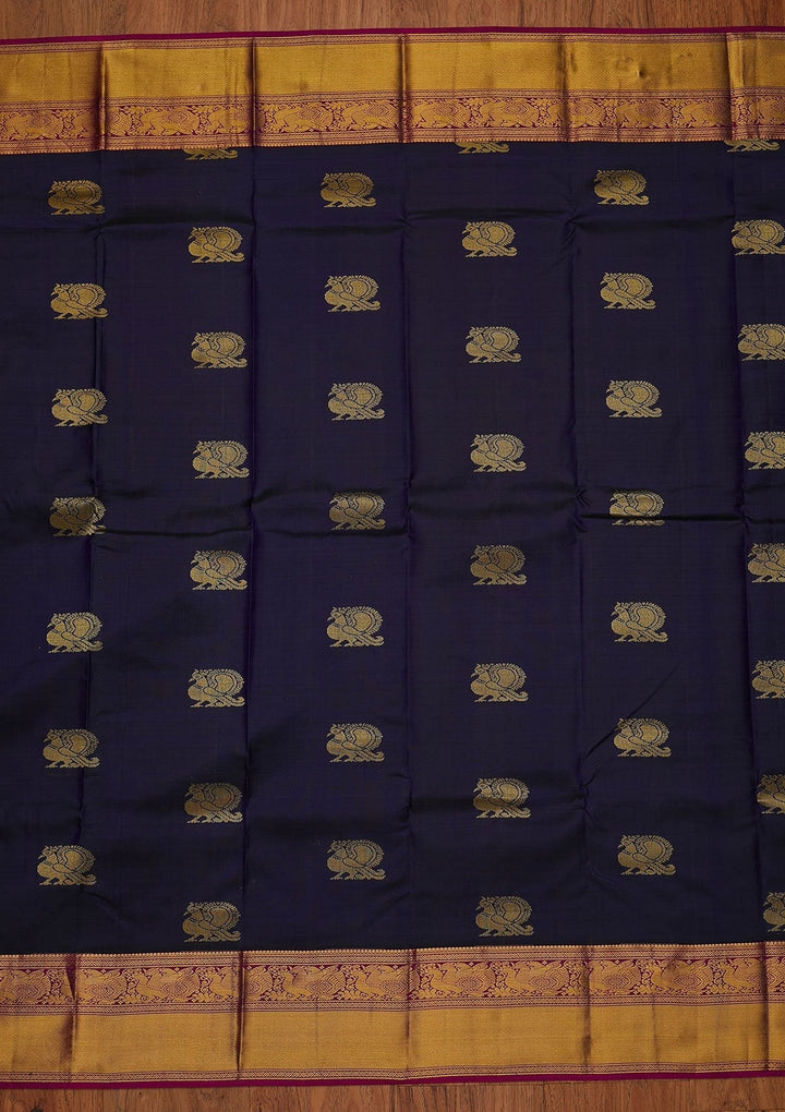 Navy Blue Zariwork Pure Silk Designer Saree - koskii