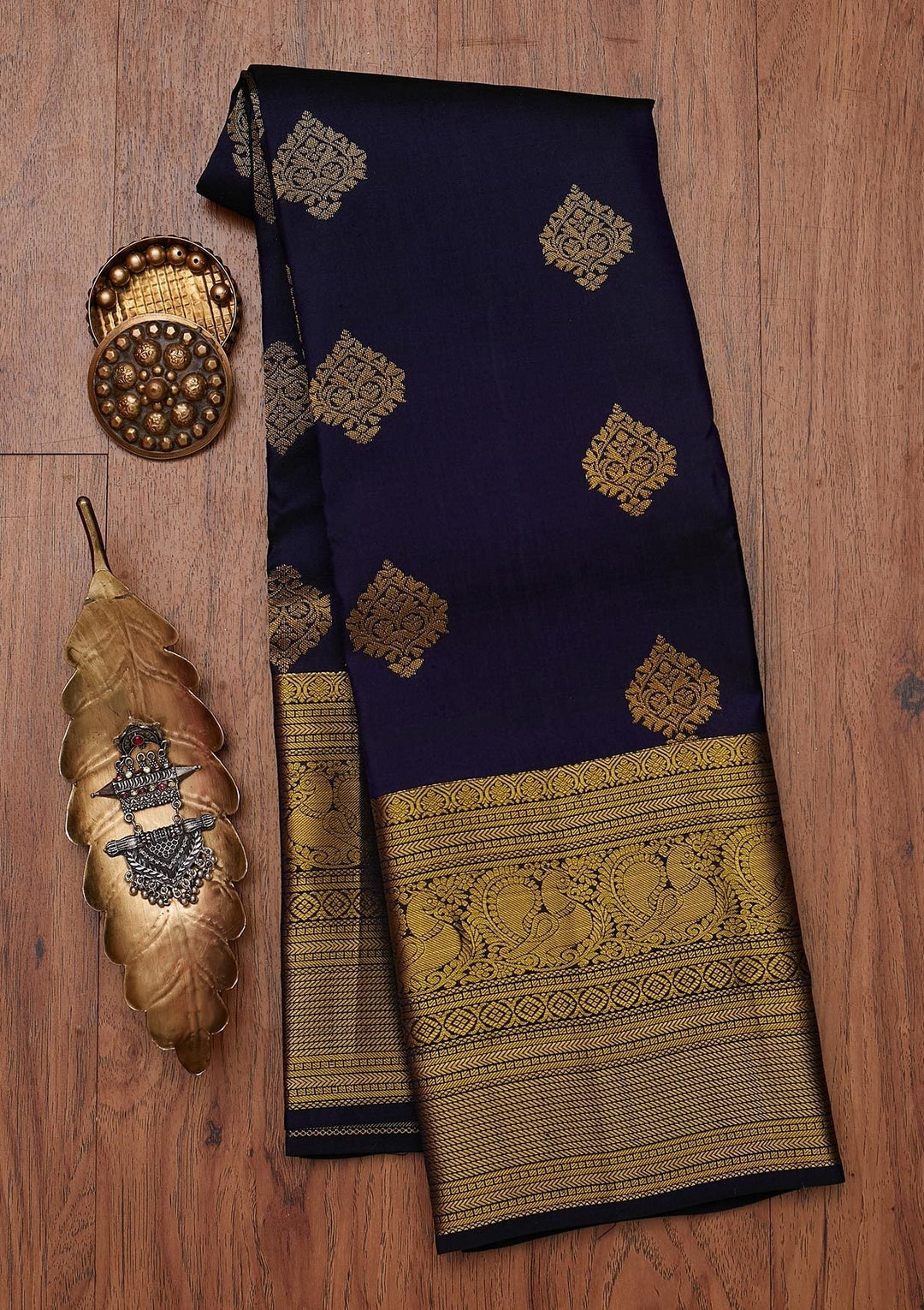 Navy Blue Zariwork Pure Silk Designer Unstitched Saree - Koskii