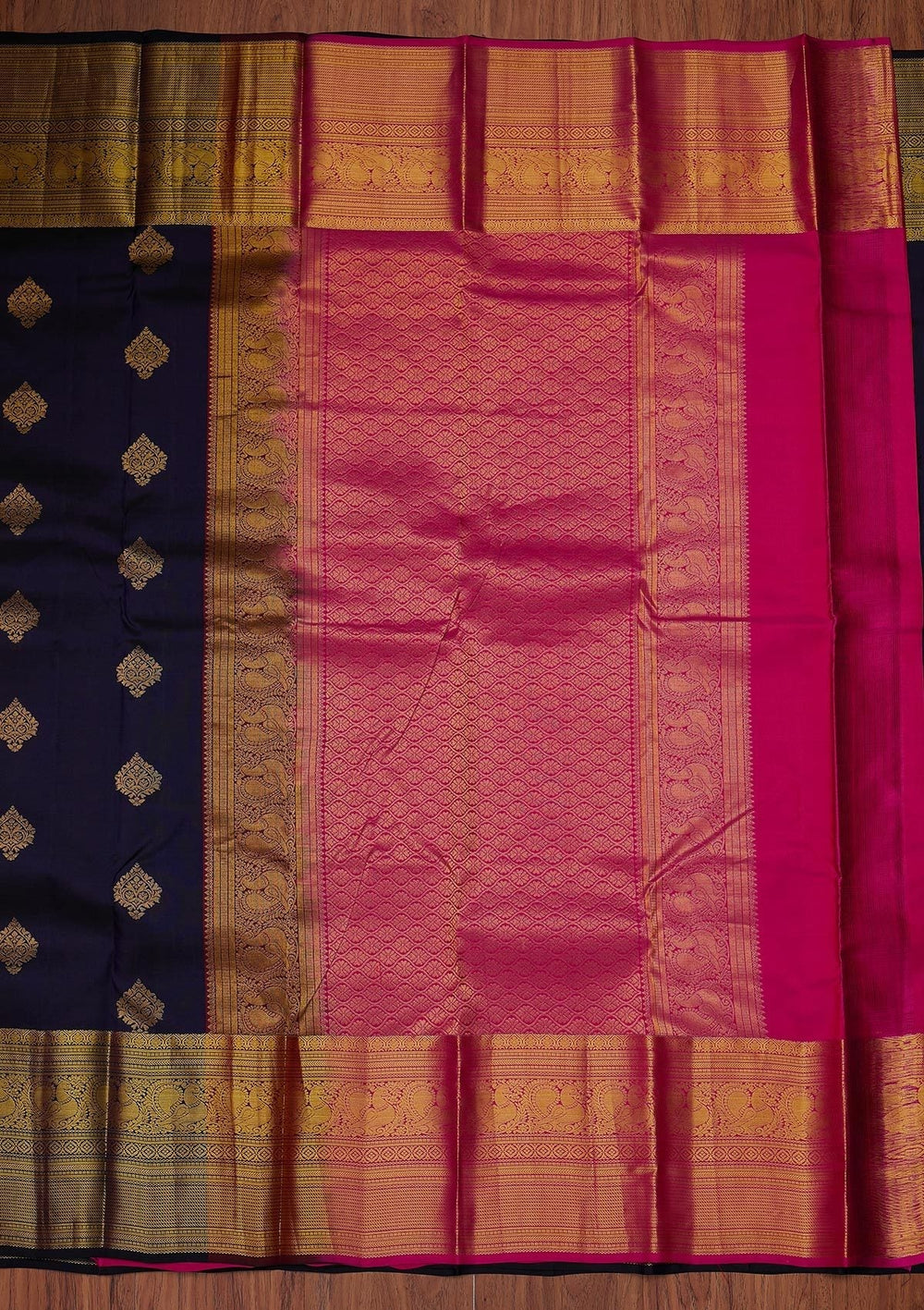 Navy Blue Zariwork Pure Silk Designer Unstitched Saree - Koskii