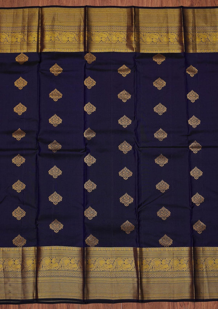 Navy Blue Zariwork Pure Silk Designer Unstitched Saree - Koskii