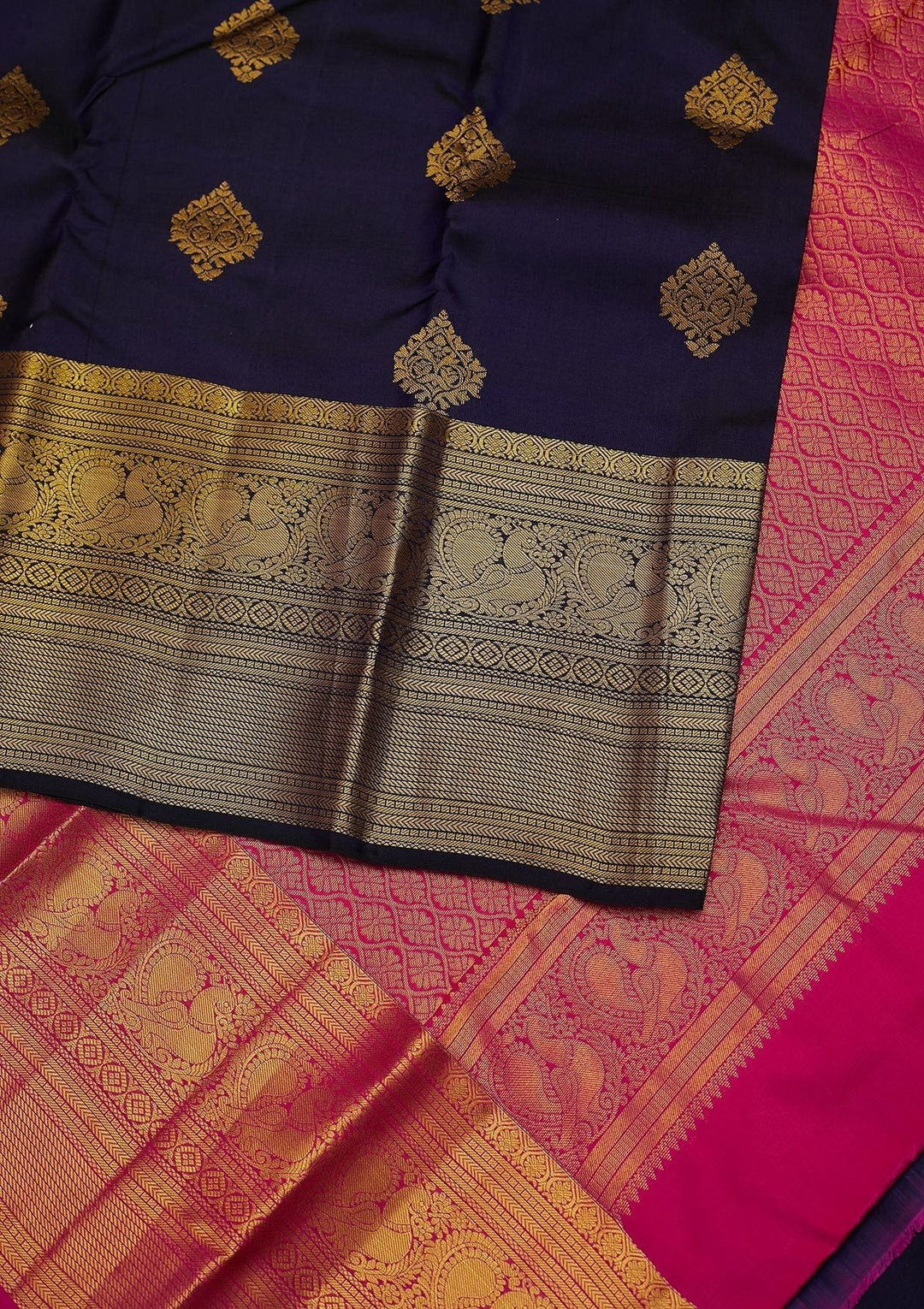 Navy Blue Zariwork Pure Silk Designer Unstitched Saree - Koskii
