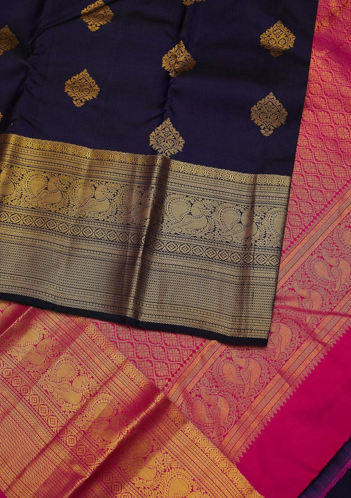 Navy Blue Zariwork Pure Silk Designer Unstitched Saree - Koskii
