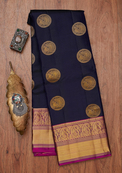 Navy Blue Zariwork Pure Silk Designer Unstitched Saree - Koskii