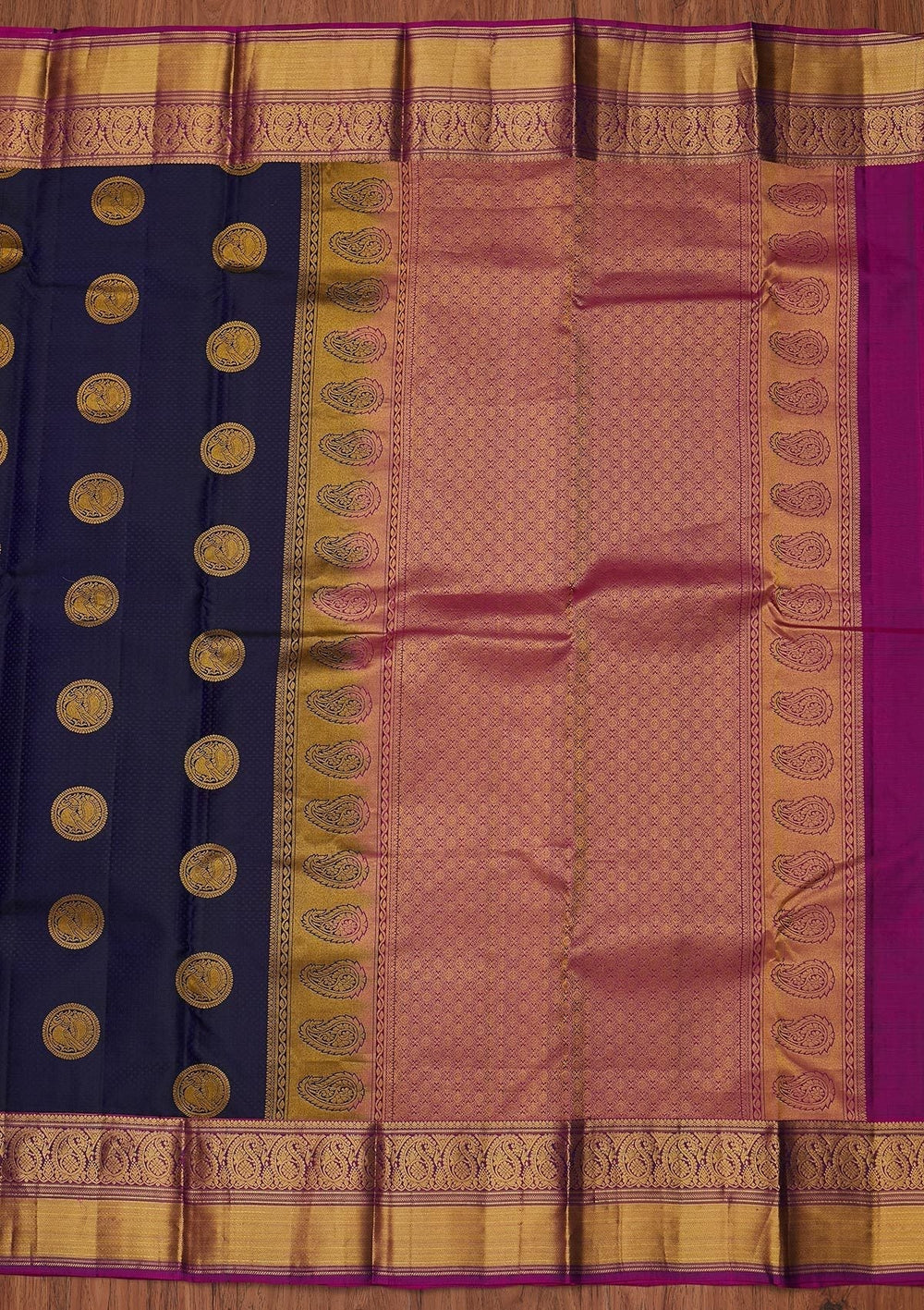 Navy Blue Zariwork Pure Silk Designer Unstitched Saree - Koskii