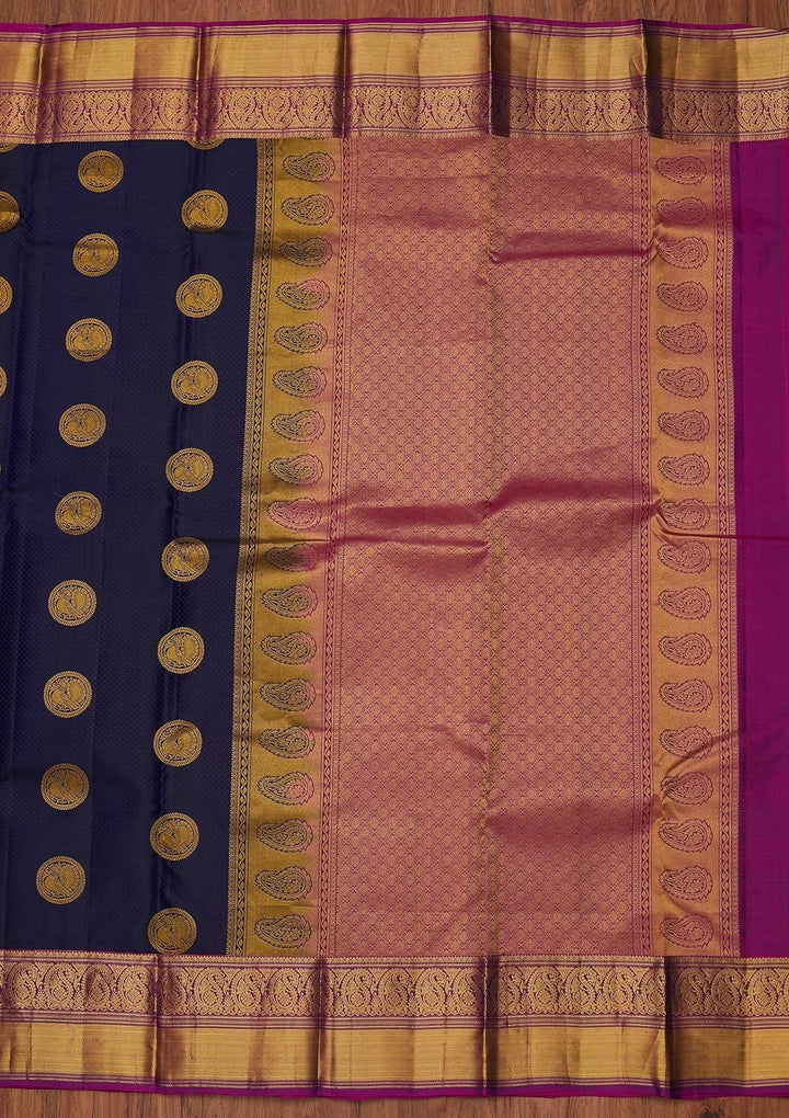Navy Blue Zariwork Pure Silk Designer Unstitched Saree - Koskii