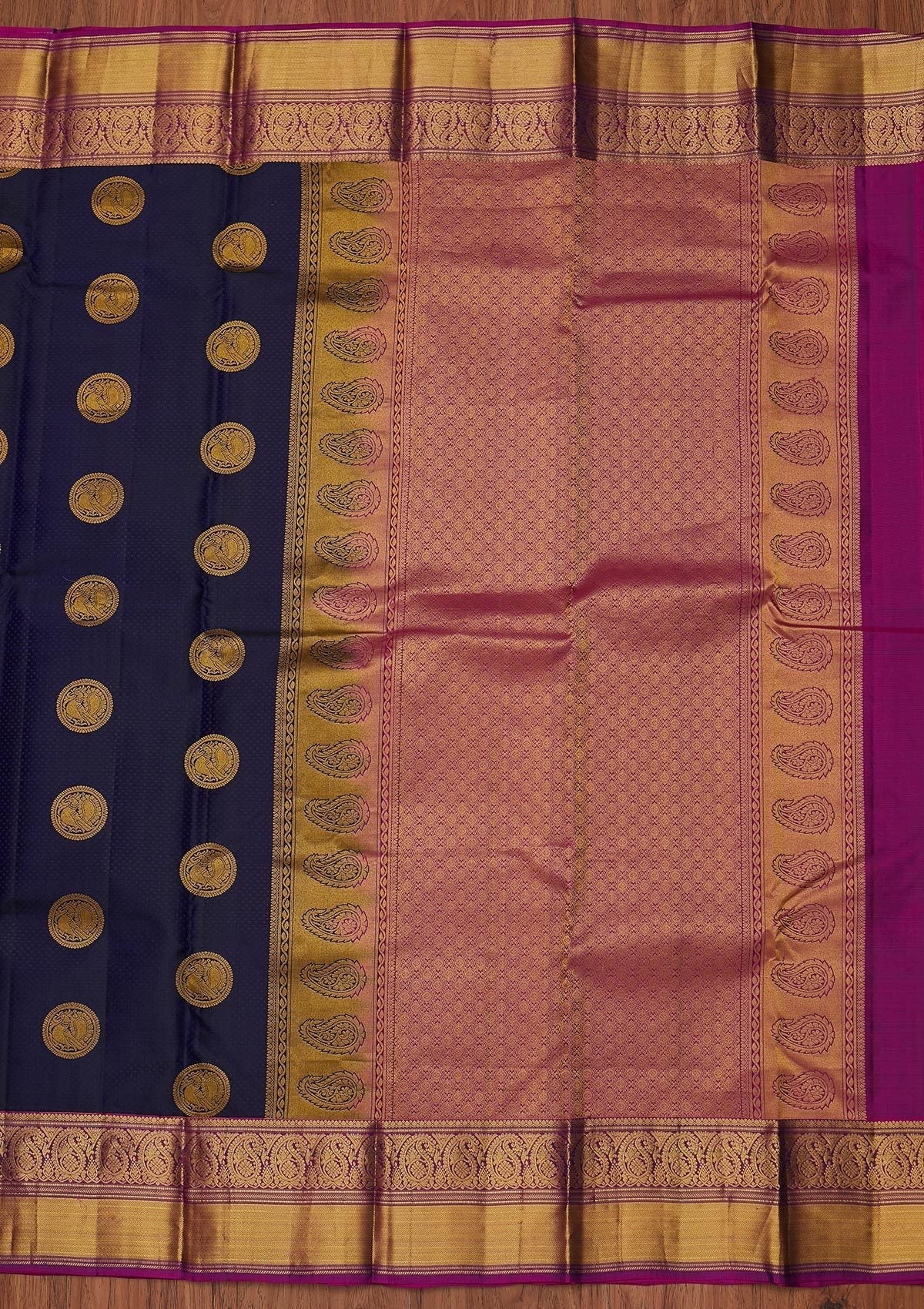 Navy Blue Zariwork Pure Silk Designer Unstitched Saree - Koskii