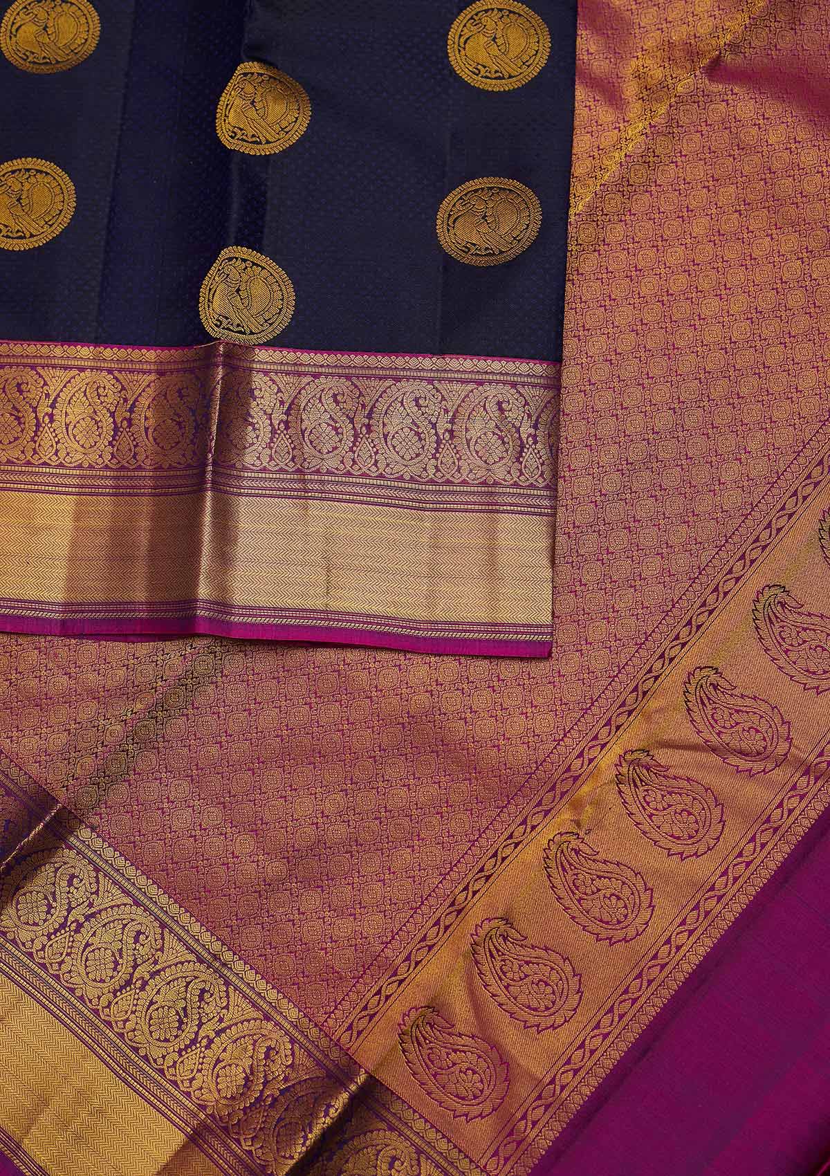 Navy Blue Zariwork Pure Silk Designer Unstitched Saree - Koskii
