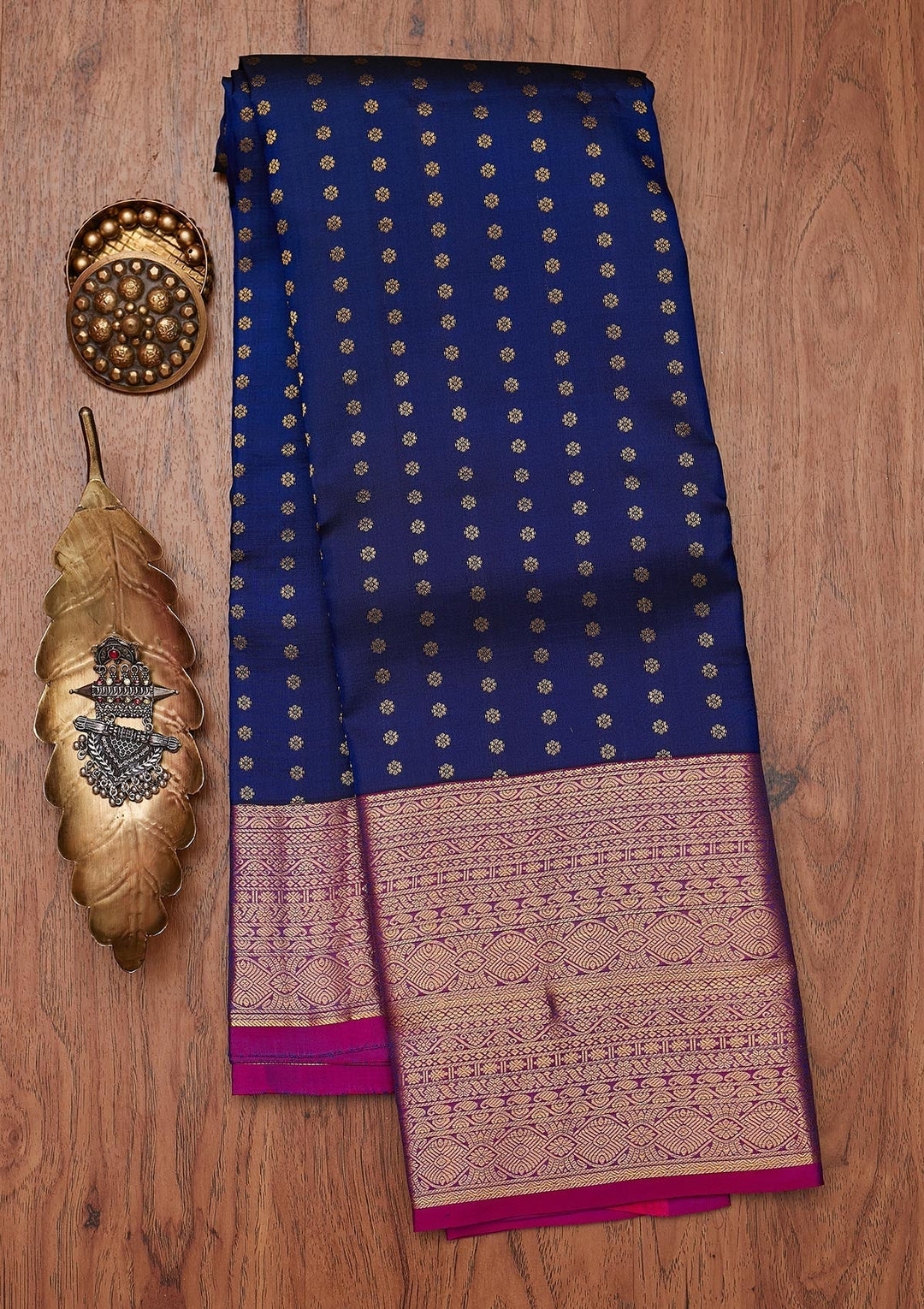 Navy Blue Zariwork Pure Silk Designer Unstitched Saree - Koskii