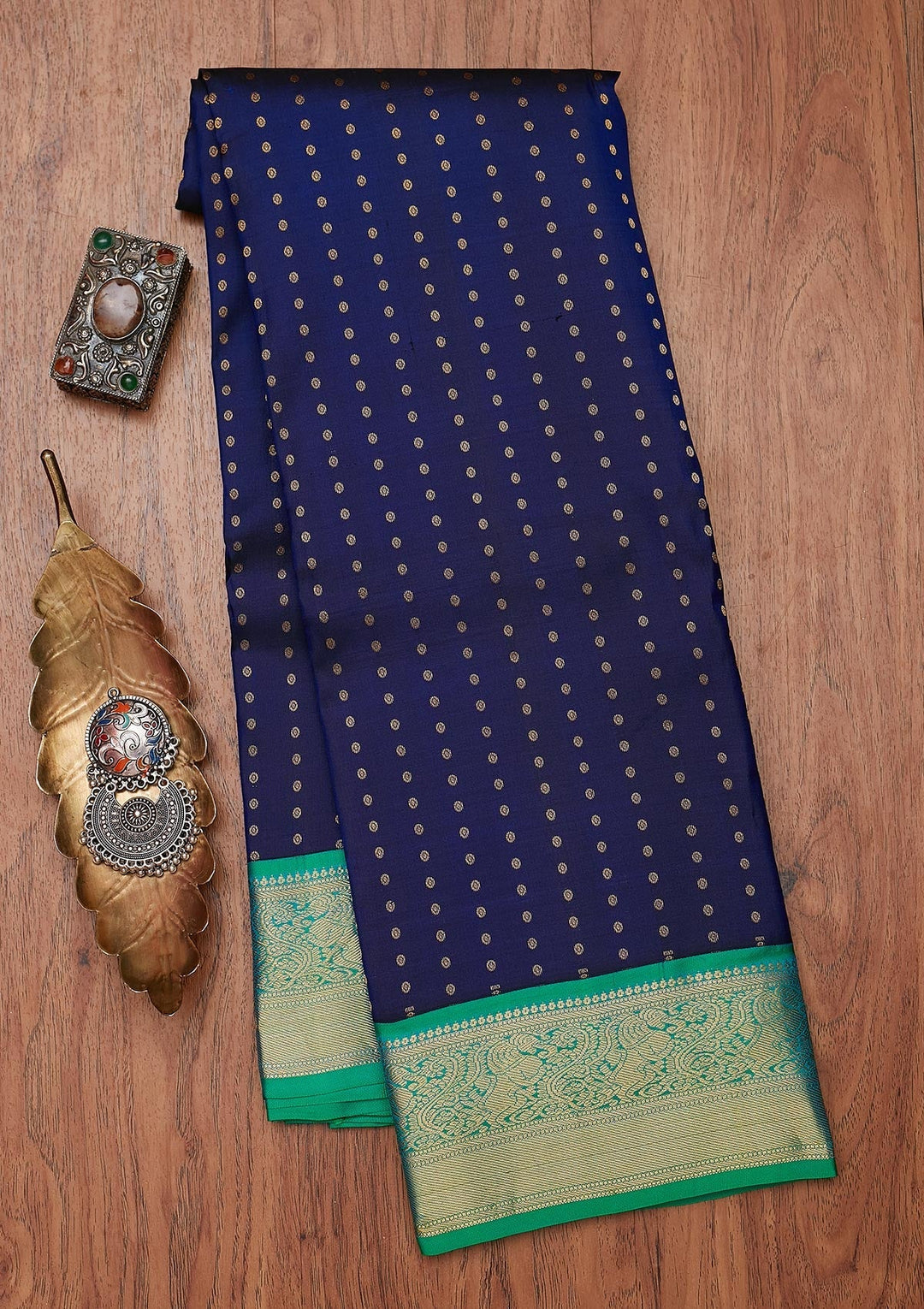 Navy Blue Zariwork Pure Silk Designer Unstitched Saree - Koskii