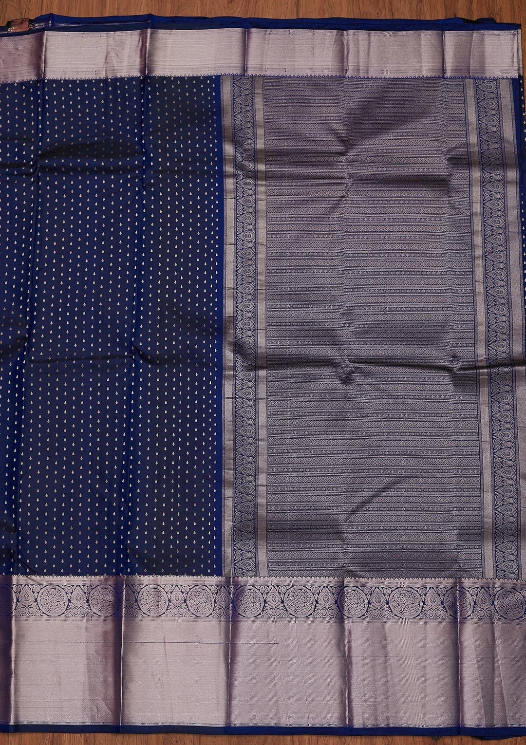 Navy Blue Zariwork Pure Silk Designer Unstitched Saree - Koskii